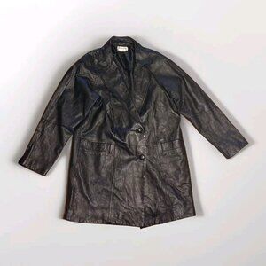 Vintage Tribeca Studio Leather Coat Womens XL Black Mid Thigh Jacket Button Up